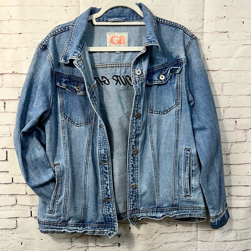 Vintage Y2K Denim Pop Art Not Your Girl Jean Trucker Jacket Mid Wash Large - Picture 2 of 7